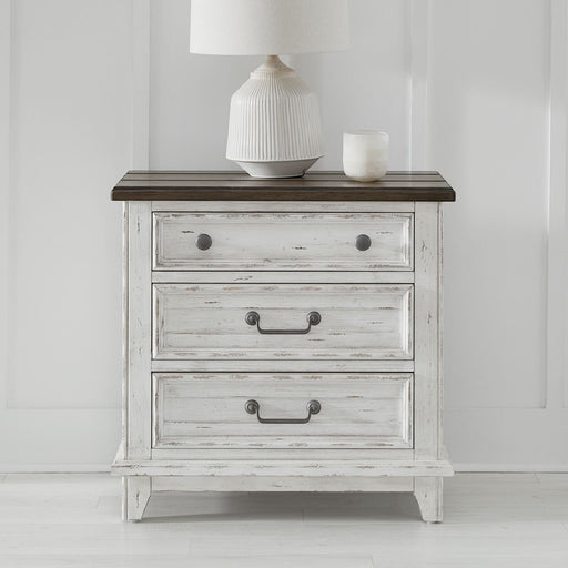 Liberty Furniture River Place 3 Drawer Nightstand with Charging Station in Riverstone White and Tobacco image