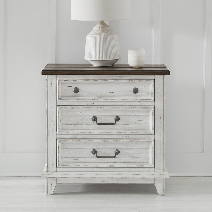 Liberty Furniture River Place 3 Drawer Nightstand with Charging Station in Riverstone White and Tobacco image
