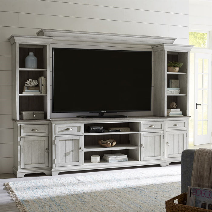 Ocean Isle 72 Inch Entertainment TV Stand in Antique White with Weathered Pine