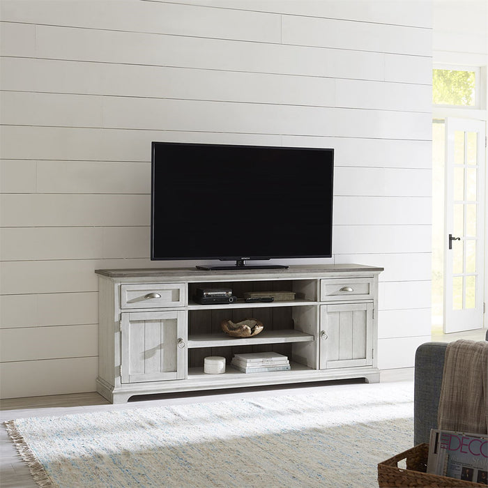 Ocean Isle Entertainment Center with Piers in Antique White with Weathered Pine 303W-ENTW-ECP