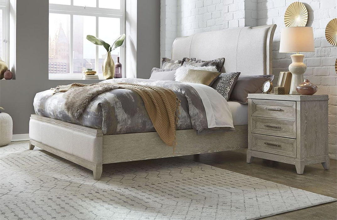 Belmar Queen Upholstered Sleigh Bed in Washed Taupe and Silver Champagne