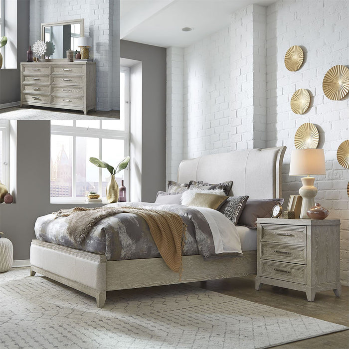 Liberty Furniture Belmar King Upholstered Sleigh Bed in Washed Taupe and Silver Champagne