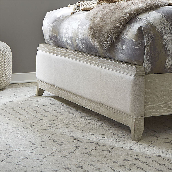 Belmar Queen Upholstered Sleigh Bed in Washed Taupe and Silver Champagne