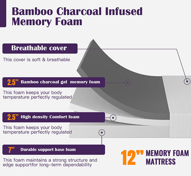 Nasturtium 12" Queen Bamboo Charcoal Infused Memory Foam